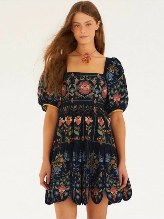 FARM Rio Dresses & Skirts - FARM Rio Navy Floral Puff-Sleeve Mini Dress with Pink & Green Embroidery
